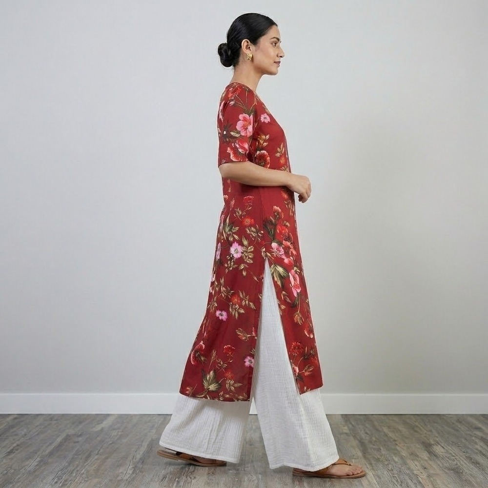 Floral Kurta Tunic Dress Womens‎ Medium Red Pink Side Slit Longline Lightweight